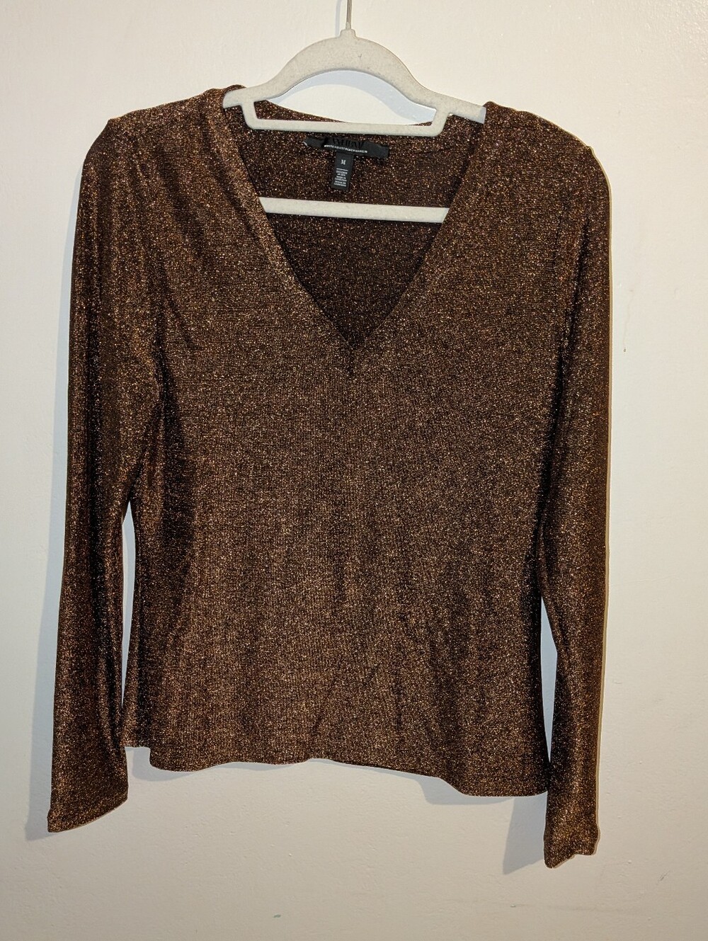 White House Black Market Metallic Brown V-Neck Long Sleeve Top Size M
